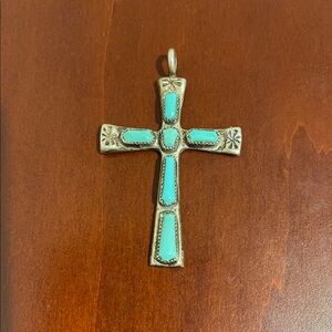 Vintage Native American Sterling Silver & Turquoise Cross Pendant- 2 1/16” long
